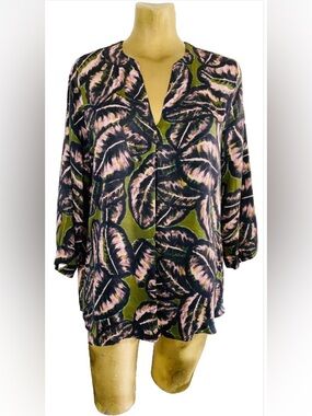 NILE Tropical PALM Leaf Print Resort Style Blouse Large